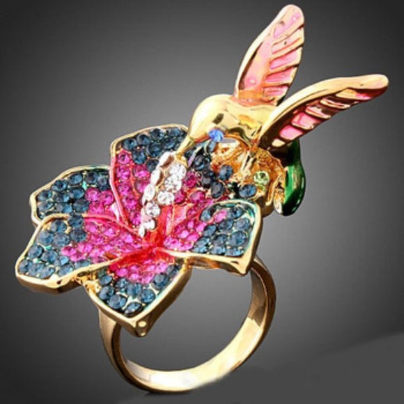 BEAUTIFUL MULTICOLOR CRYSTALS AND LITTLE BIRD RING, SZ. 7, NEW - Picture 1 of 1
